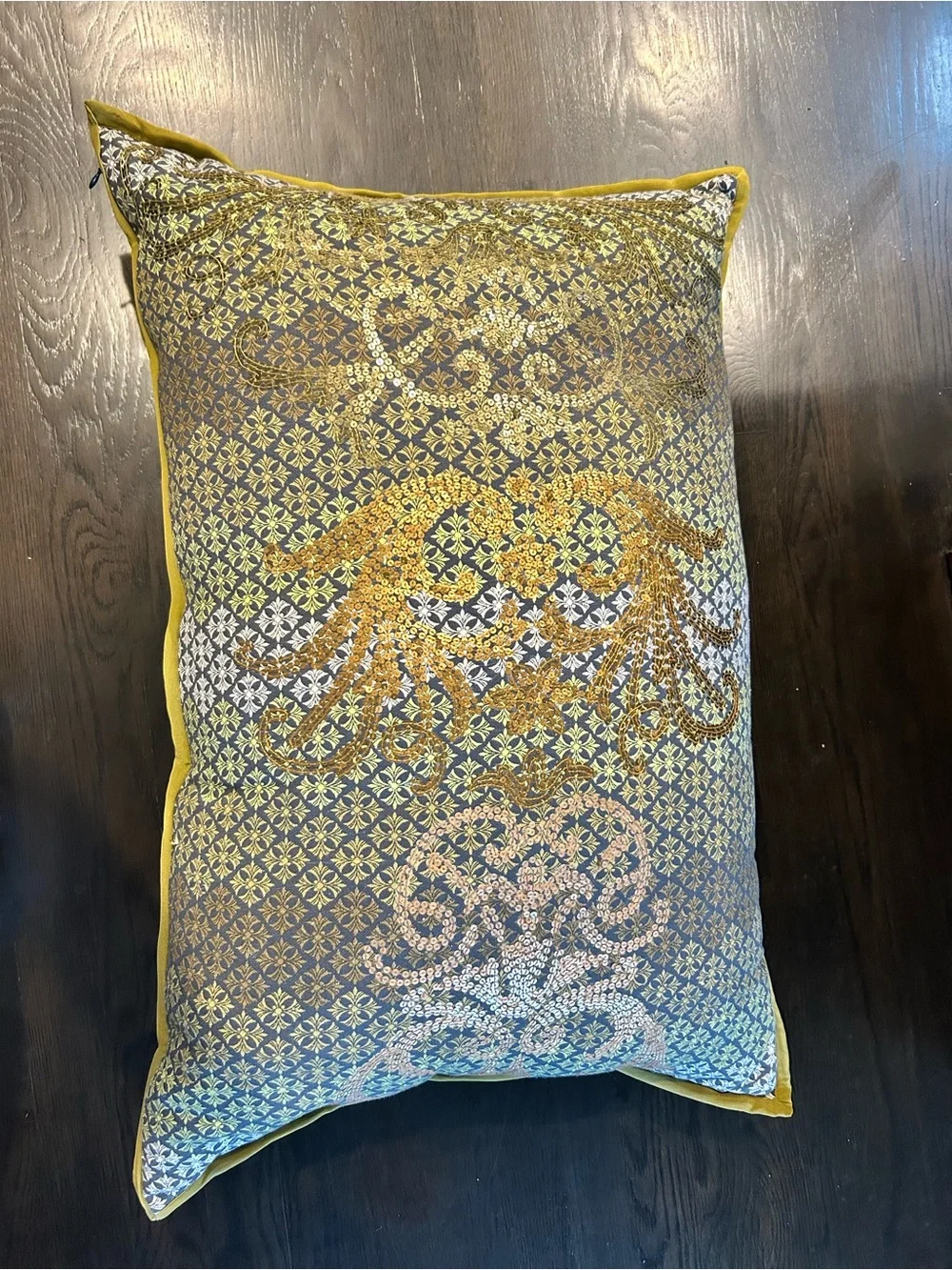 Anthropologie Gold, Blue, green Ornate Embroidered Accent Pillow 20x30.
